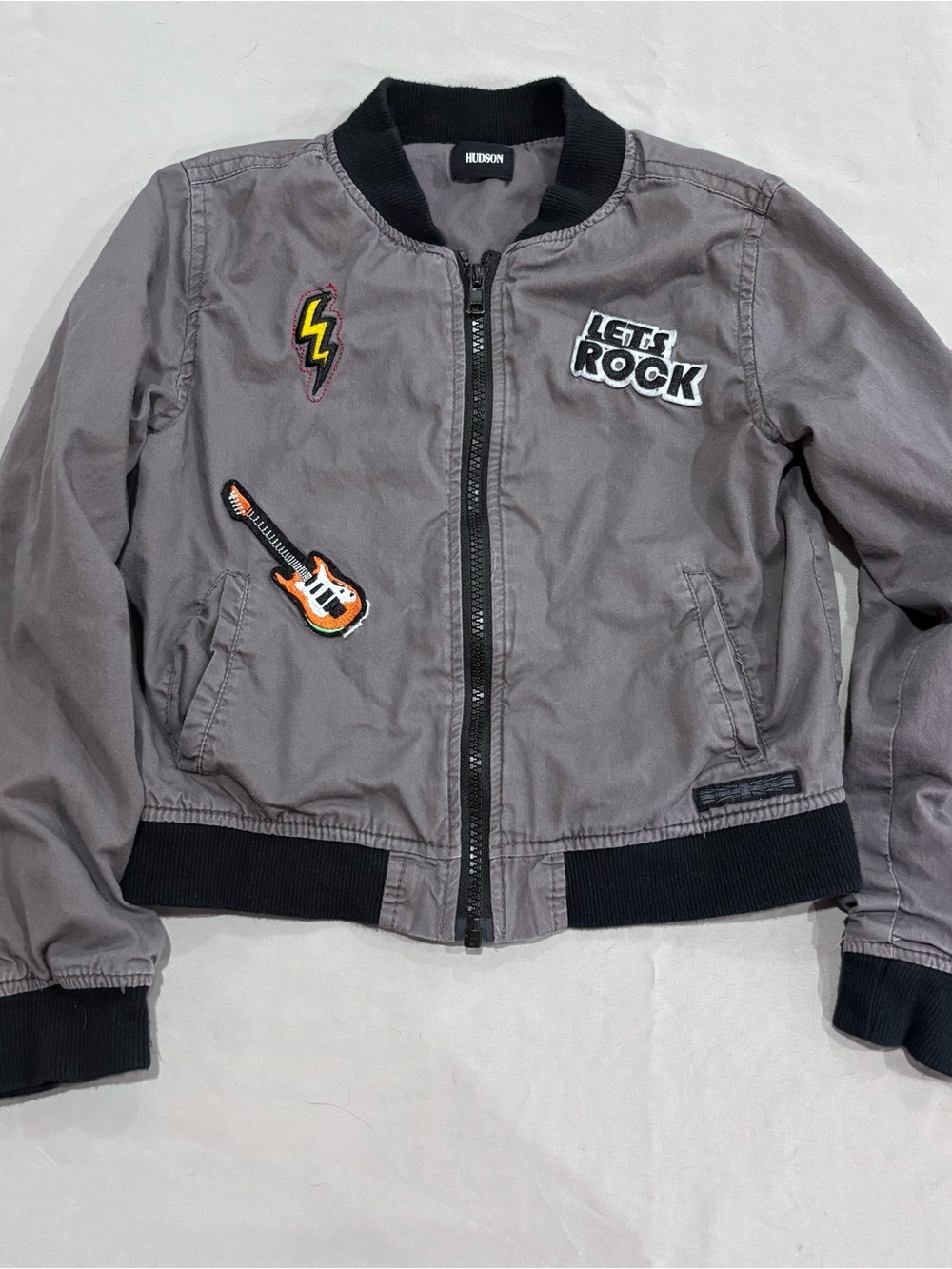 Hudson Y2K Gray Cropped Bomber Jacket Rock Guitar Patch Size 7 Grunge Punk Moto